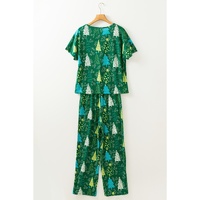 Green Christmas Tree Print V Neck Tee and Pants Lounge Set - L thumbnail
