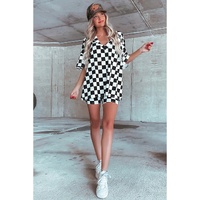 Black Checkerboard Print V Neck Loose Tee and Shorts Lounge Set - S thumbnail