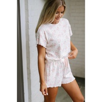 Pink Floral Lettuce Trim Tee and Shorts Ribbed Lounge Set - M thumbnail