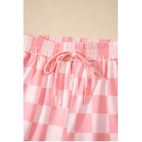 Pink Checkered V Neck Tee Drawstring Shorts Lounge Set - L thumbnail