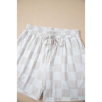 Beige Checkered V Neck Tee Drawstring Shorts Lounge Set - L thumbnail