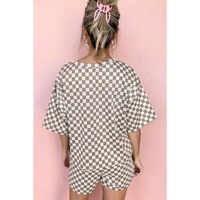 Brown Checkered Top and Short Casual 2pcs Set - XL thumbnail