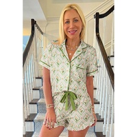 Green Floral Print Turn-down Collar Short Pajamas Set - XL thumbnail