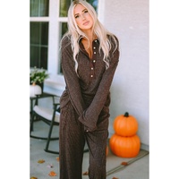 Brown Ribbed Knit Collared Henley Top and Pants Lounge Outfit - L thumbnail