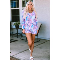 Sky Blue Floral Long Sleeve Top and Drawstring Shorts Set - S thumbnail