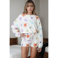 White Floral Long Sleeve Henley Top and Drawstring Shorts Set - XL thumbnail