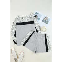 Gray Leopard Colorblock Patchwork Pullover and Shorts Set - M thumbnail