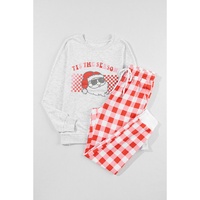 Multicolor Christmas Claus Graphic Top Plaid Pants Lounge Set - M thumbnail