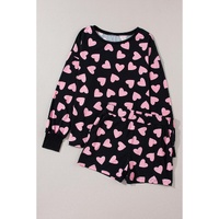 Black Valentine Heart Shape Print Long Sleeve Top Shorts Lounge Set - S thumbnail
