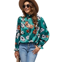 Azura Exchange Printed Smocked Mock Neck Blouse - S thumbnail