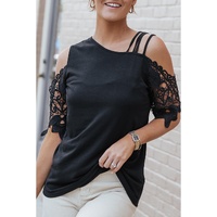 Azura Exchange Lace Splicing Strappy Cold Shoulder Top - S thumbnail