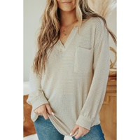 Azura Exchange Waffle Knit Split Neck Pocketed Top - M thumbnail