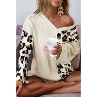 Beige Asymmetric Leopard Patchwork Wide Sleeve V Neck Sweater - M thumbnail