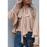 Azura Exchange Khaki Frilled Knotted Blouse with Bishop Sleeves - S thumbnail