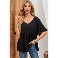 Azura Exchange Black Ruffled Lace Detail Loose V Neck Top - M thumbnail
