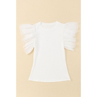 Azura Exchange Dotty Mesh Ruffle Sleeve Ribbed Knit Top - M thumbnail