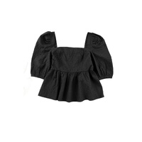 Azura Exchange Textured Square Neck Puff Sleeve Peplum Blouse - S thumbnail