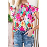 Azura Exchange Abstract Floral Print Frilled Neck Pleated Blouse - M thumbnail