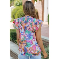 Azura Exchange Flutter Sleeves Smocked Neck Blouse with Floral Print - XL thumbnail