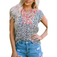 Leopard Ruffle Shoulder Embellished V-neck Sleeveless Top - L thumbnail
