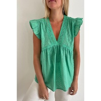 Azura Exchange Eyelet V Neckline Ruffle Swiss Dot Top - S thumbnail