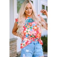Pink Embroidered Detail Floral Print Ruffle Trim Tank Top - L thumbnail