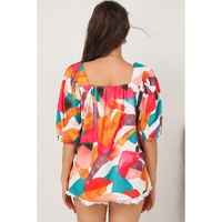 Azura Exchange Abstract Print Square Neck Short Sleeve Blouse - L thumbnail