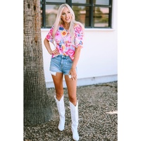Azura Exchange Floral Ruched Puff Sleeve Blouse - S thumbnail