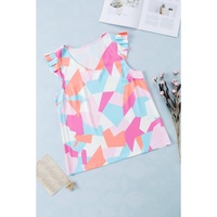 Azura Exchange Geometric Print V-Neck Pleated Cap Sleeve Top - L thumbnail
