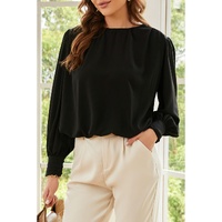 Black Padded Shoulder Buttoned Cuffs Pleated Loose Blouse - L thumbnail