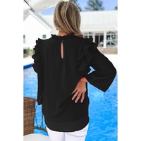 Black Button Keyhole Back Pleated Ruffle Trim Blouse - S thumbnail