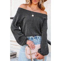 Gray Ribbed Knit Off-Shoulder Balloon Sleeve Top - M thumbnail