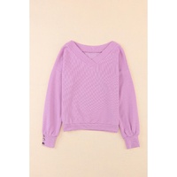 Purple Knitted V Neck Buttoned Cuffs Sweater - 2XL thumbnail