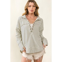 Azura Exchange Striped Thumbhole Drop Shoulder V Neck Top - L thumbnail