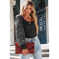 Black Flower Puff Sleeve Ribbed Knit Top - L thumbnail