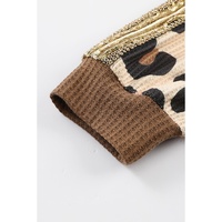 Brown Leopard Splicing Waffle Knit V Neck Top - M thumbnail