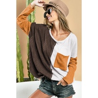 Brown Color Block Patchwork Chest Pocket Long Sleeve Top - XL thumbnail
