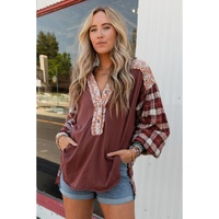 Red Floral Plaid Mixed Print Bishop Sleeve Patchwork Top - M thumbnail