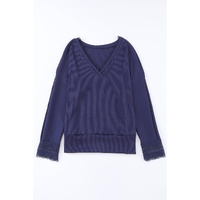 Azura Exchange Ribbed Texture V Neck Long Sleeve Top - M thumbnail