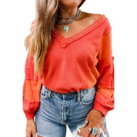 Red Studded V Neckline Exposed Seam Textured Knit Top - XL thumbnail