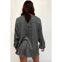 Gray Exposed Seam Patchwork Bubble Sleeve Waffle Knit Top - S thumbnail