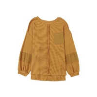Exposed Seam Patchwork Bubble Sleeve Waffle Knit Top - L thumbnail
