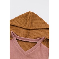 Brown Waffle Knit Patchwork Drawstring V Neck Hoodie - L thumbnail