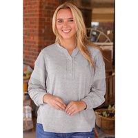 Gray Waffle Patchwork Dolman Sleeve Henley Top - L thumbnail