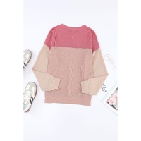 Pink Color Block Long Sleeve Ribbed Loose Top - M thumbnail