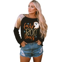 Black Leopard Boo Ghost Graphic Sequin Raglan Sleeve Top - S thumbnail