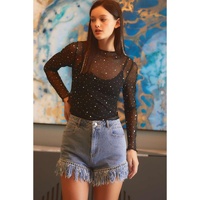 Black Rhinestone Sheer Mesh Slim Fit Long Sleeve Top - S thumbnail