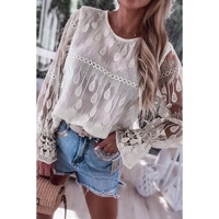 Beige Embroidered Mesh Flounce Sleeve Blouse - L thumbnail