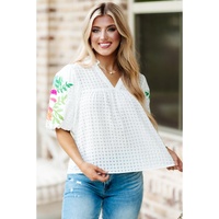 White Floral Embroidered Puff Sleeve Notched Neck Blouse - S thumbnail
