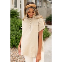Parchment Crinkle Textured Frayed Trim Half Button Short Sleeve Top - L thumbnail